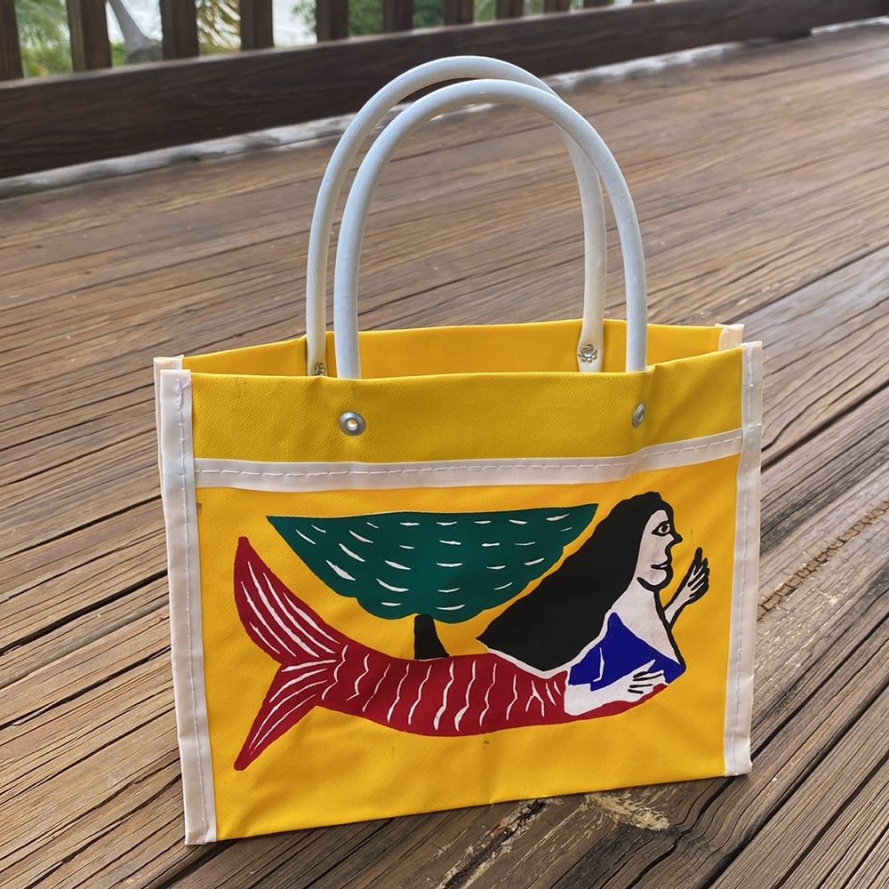 Vintage Yellow Tote with Multicolor Mermaid Artwork